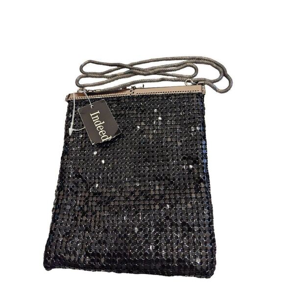 Indeed Women's Black Metal Shiny Mesh Shoulder Strap Evening Bag NWT - Picture 1 of 6